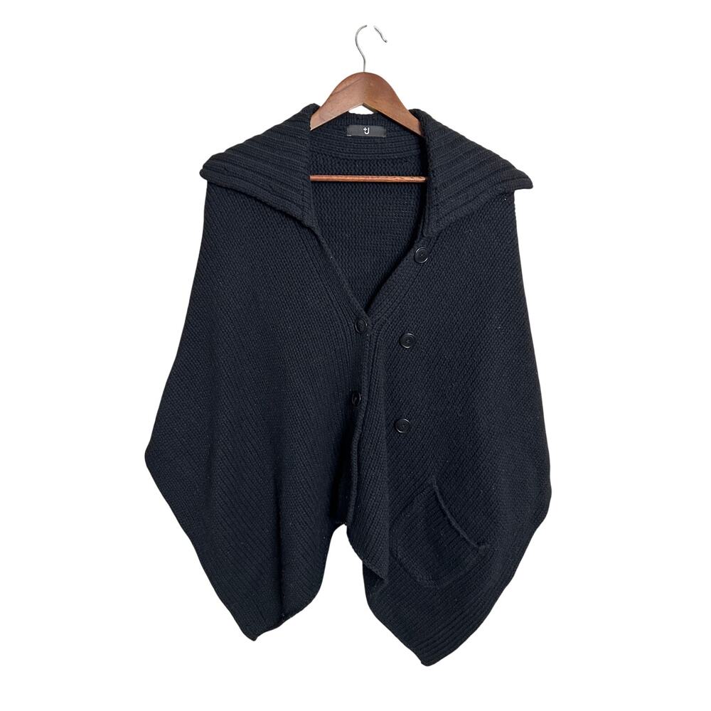Uniqlo +J Jill Sander Black Wool Blend Knit Cape Poncho Shawl Collar One Size